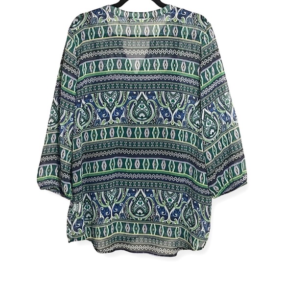 Liz Claiborne Blue Green Abstract Paisley Boho Tunic Blouse, 3/4 Sleeves, Large - Picture 2 of 7